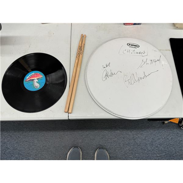 Signed chlliwack drum skin, sticks and records