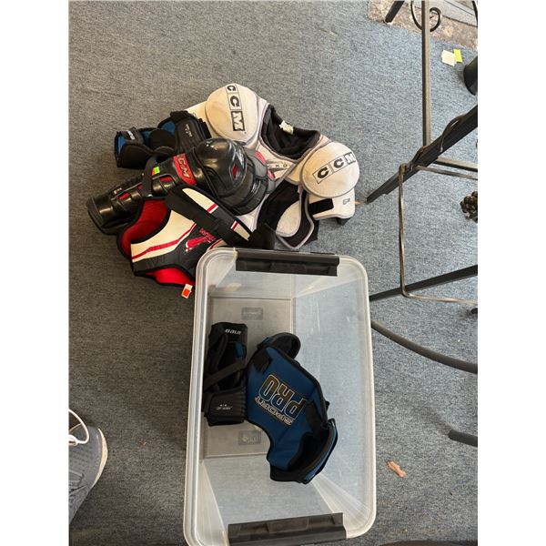 Bin of hockey gear
