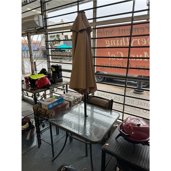 Patio table, umbrella and 2 chairs 31.5x31.5x28.5 tall