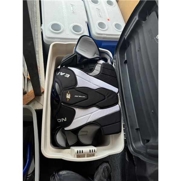 Bin of hockey gear