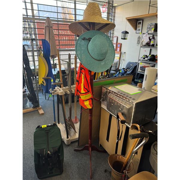 Coat rack, hats, vest