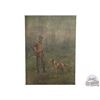 Image 1 : 1900's Original Muslin Tapestry Painting Sportsman Hunter Reloading Shotgun w/ English Pointer Dog