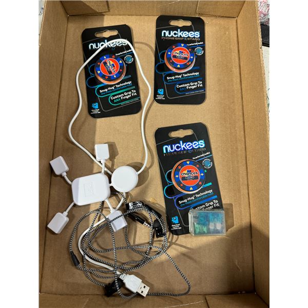 Phone grips and stands and other electronic cords