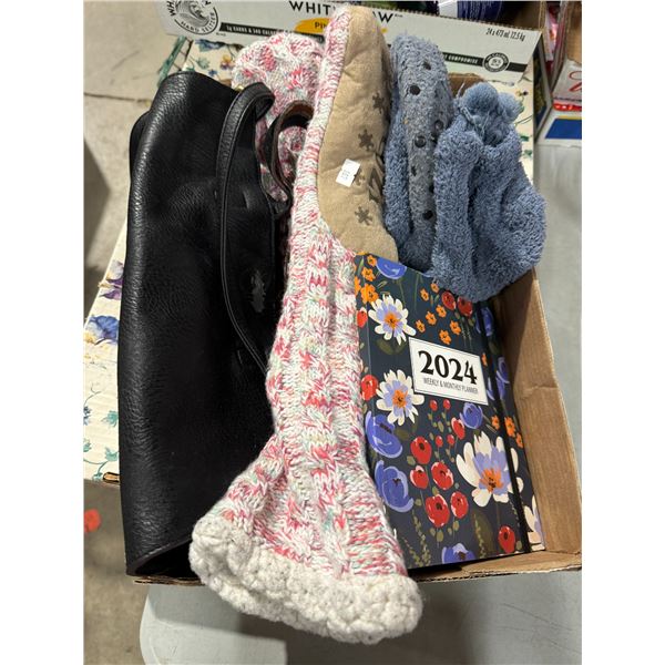 Purse, cozy socks, and 2024 weekly and monthly planner