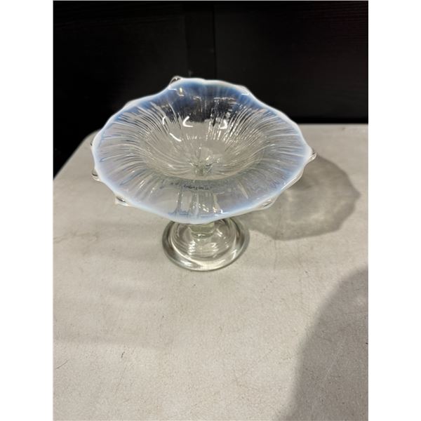 blue, opalescent, glass dish