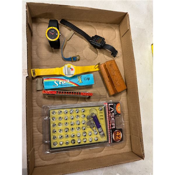 Harmonica, laser pointer, keyholder and assorted watches