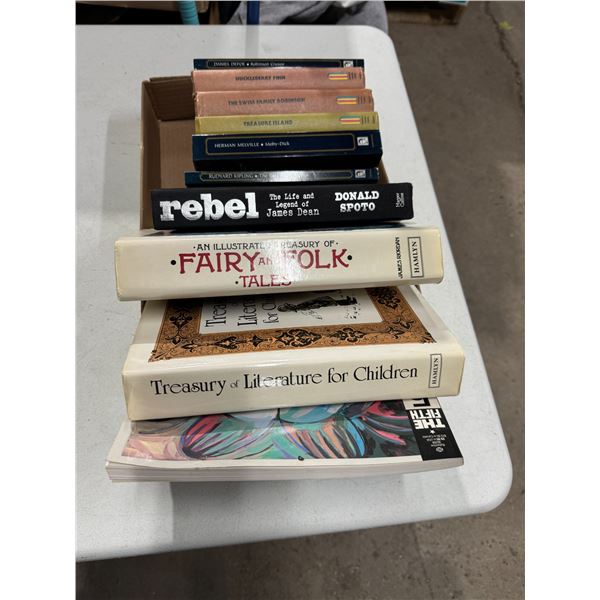 Books, Huckleberry Finn, Swiss family Robinson treasure Island, etc.