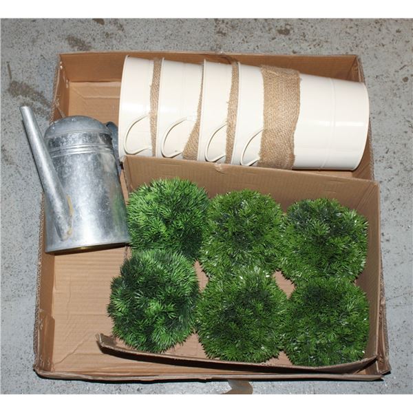LOT OF FAUX GRASS BALLS AND TIN BUCKETS