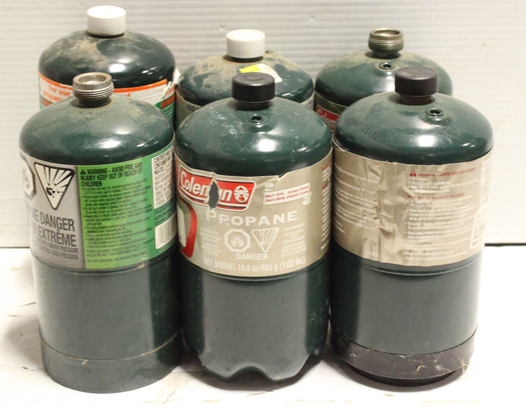 LOT OF 6 MINI GREEN PROPANE TANKS (FULL)