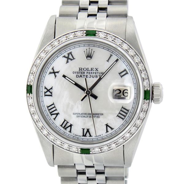 Rolex Mens Stainless Steel White Roman Emerald and Diamond Datejust Wristwatch