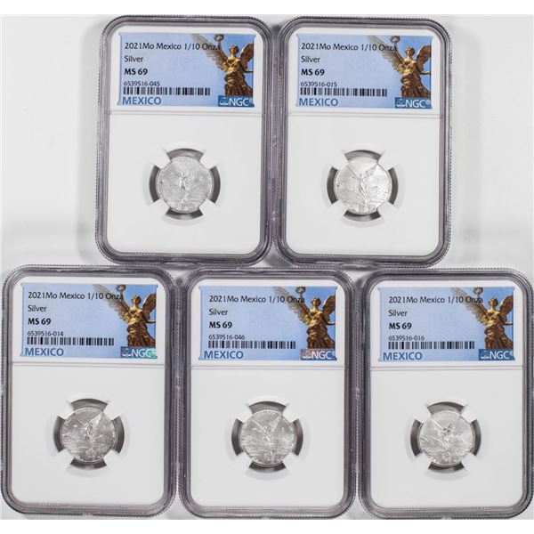 Lot of (5) 2021-Mo Mexico 1/10 oz Silver Libertad Coins NGC MS69
