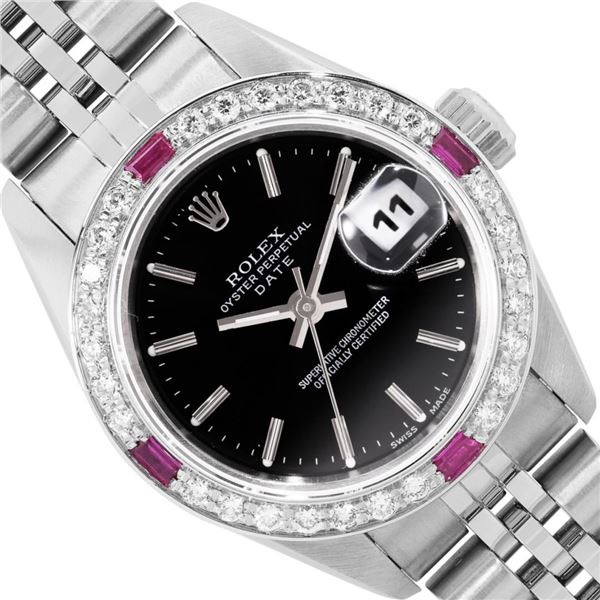 Rolex Ladies Stainless Steel Black Index Ruby and Diamond Date Wristwatch With Rolex Box