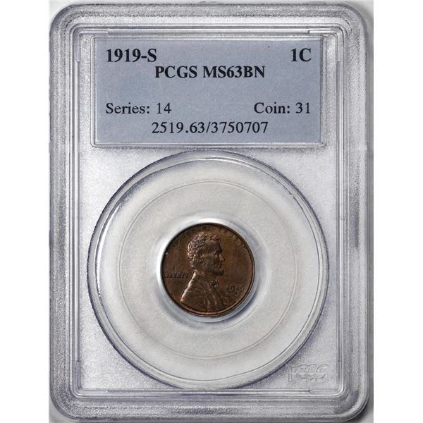 1919-S Lincoln Wheat Cent Coin PCGS MS63BN