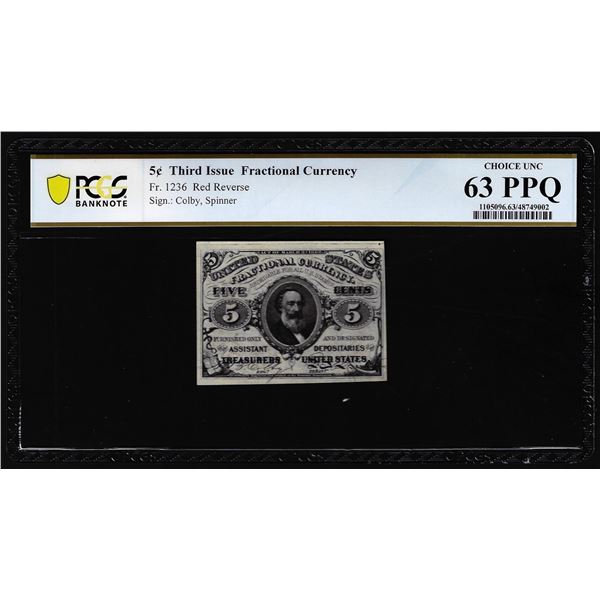 1863 Third Issue Five Cents Fractional Currency Note Fr.1236 PCGS Choice Unc 63PPQ