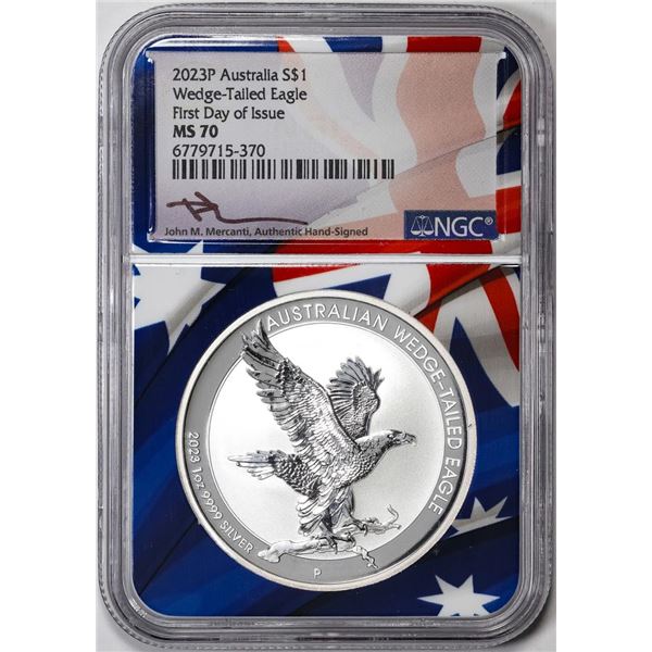 2023P Australia $1 Wedge Tailed Eagle Silver Coin NGC MS70 FDOI Flag Core Mercanti