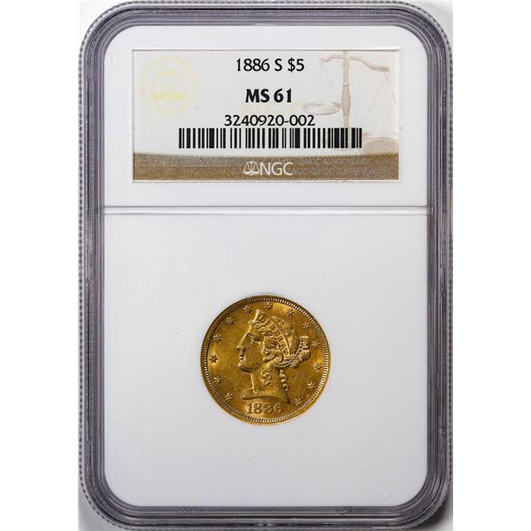 1886-S $5 Liberty Head Half Eagle Gold Coin NGC MS61