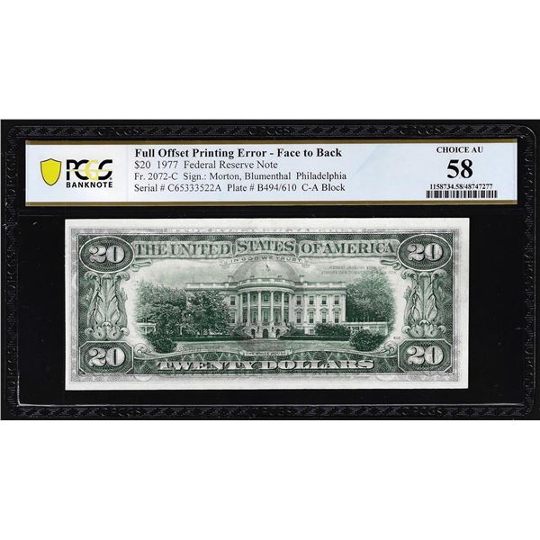 1977 $20 Federal Reserve Note Philadelphia Full Offset Error PCGS Choice AU58
