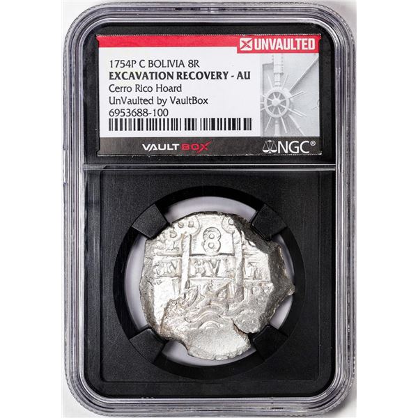 1754P C Bolivia 8 Reales Silver Coin NGC Excavation Recovery AU VaultBox Unvaulted