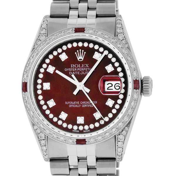 Rolex Mens Stainless Steel Red Ruby and Diamond Datejust Wristwatch