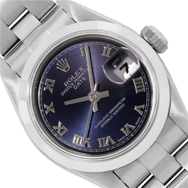 Rolex Ladies Stainless Steel Blue Roman Date Wristwatch