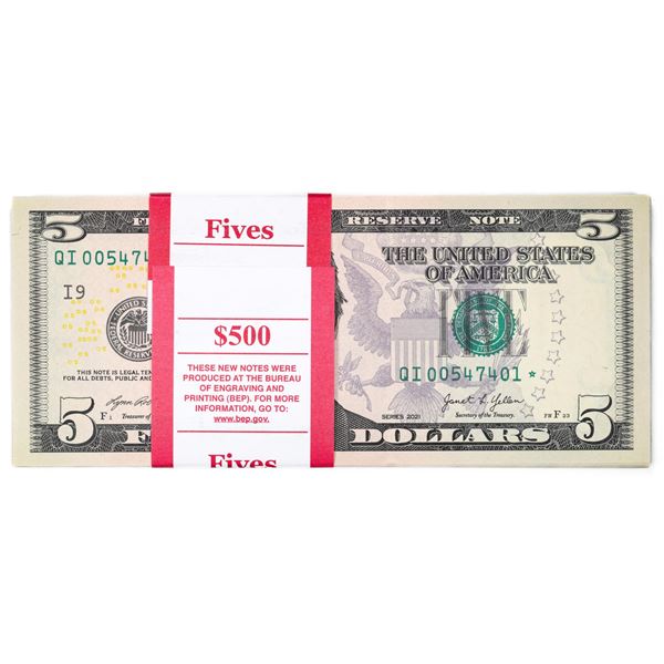 Pack of (100) Consecutive 2021 $5 Federal Reserve Star Notes