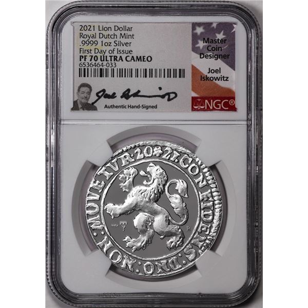 2021 Netherlands Proof Lion Dollar Silver Coin NGC PF70 Ultra Cameo FDOI Signed