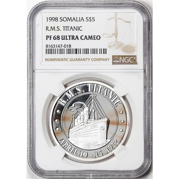 1998 Somalia $5 Proof R.M.S. Titanic Silver Coin NGC PF68 Ultra Cameo