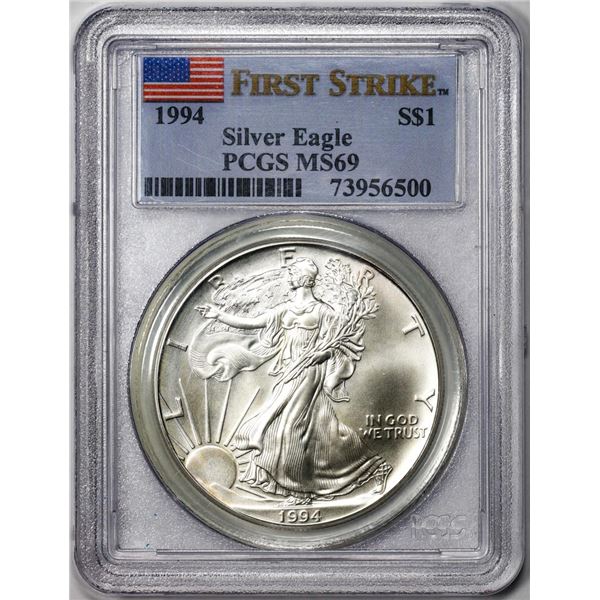 1994 $1 American Silver Eagle Coin PCGS MS69 First Strike