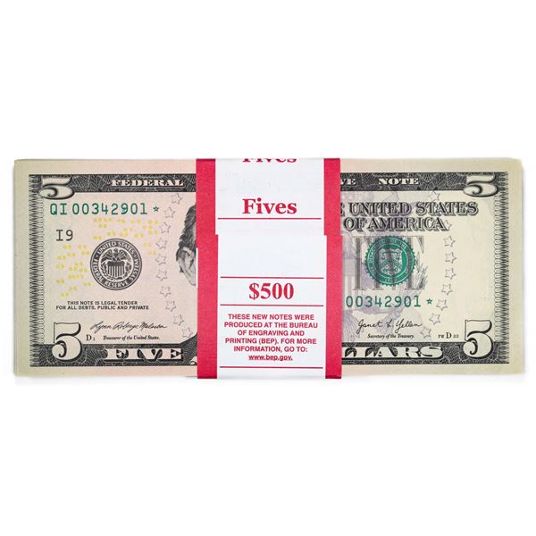 Pack of (100) Consecutive 2021 $5 Federal Reserve Star Notes