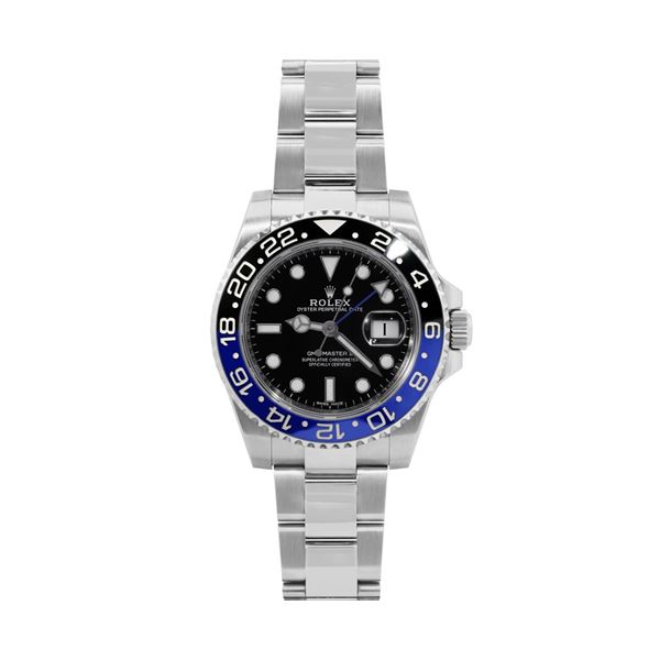 Rolex Mens Stainless Steel "Batman" GMT Master 2 Wristwatch With Rolex Box And Card