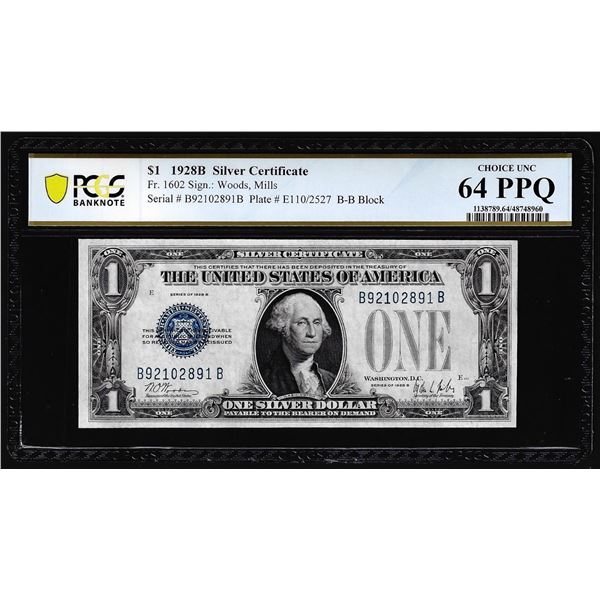 1928B $1 Funnyback Silver Certificate Note Fr.1602 PCGS Choice Uncirculated 64PPQ