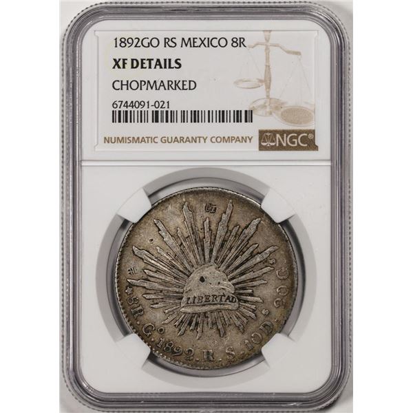 1892GO RS Mexico 8 Reales Silver Coin NGC XF Details Chopmarked
