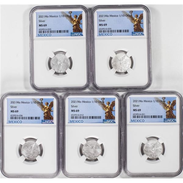 Lot of (5) 2021-Mo Mexico 1/10 oz Silver Libertad Coins NGC MS69