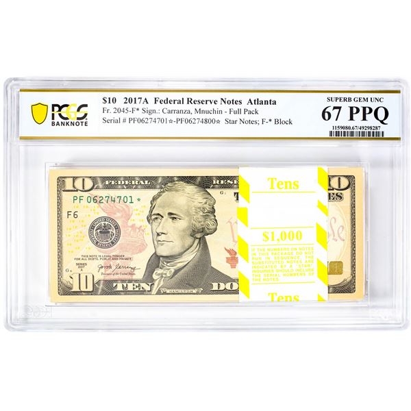 Pack of 2017A $10 Federal Reserve STAR Notes ATL Fr.2045-F* PCGS Superb Gem UNC 67PPQ