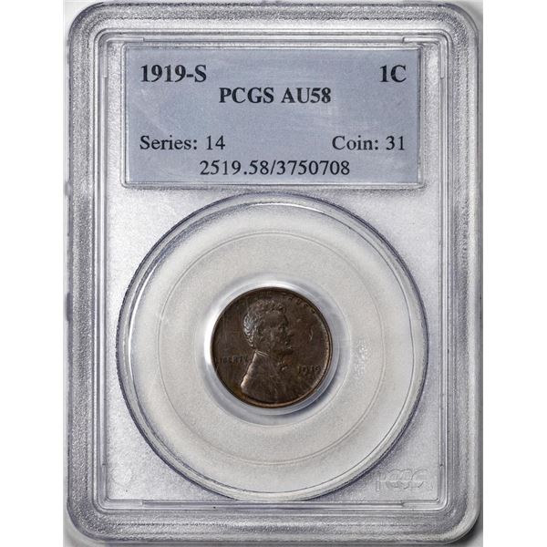 1919-S Lincoln Wheat Cent Coin PCGS AU58
