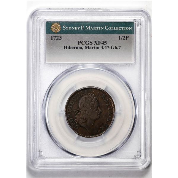 1723 Half Penny Hibernia, Martin Colonial Copper Coin Sydney F. Martin Col. PCGS XF45
