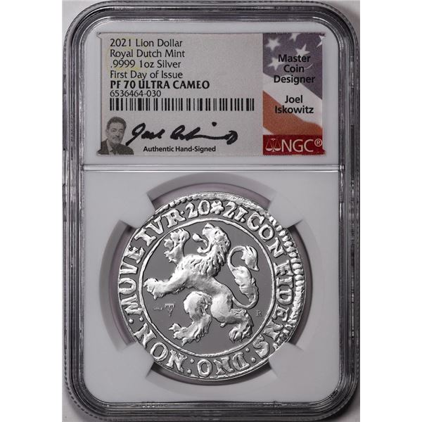 2021 Netherlands Proof Lion Dollar Silver Coin NGC PF70 Ultra Cameo FDOI Signed
