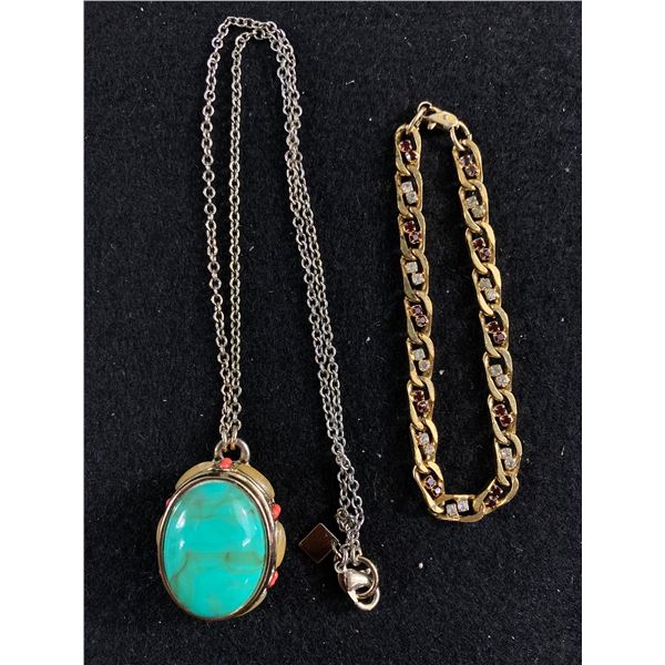 LovelyTurquois and Coral? Pendant on a Stainless Steel Chain + a Gold Plated Bracelet with Clear and