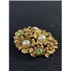 Image 2 : Vintage Florenza Uranium Glass Rhinestone Gold Tone Faux Pearl Brooch. Missing Pin