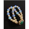 Image 1 : Vintage Made in Japan Pearl Bracelet with Blue Beads, and Green Center Stone on Clasp