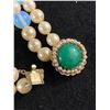 Image 3 : Vintage Made in Japan Pearl Bracelet with Blue Beads, and Green Center Stone on Clasp