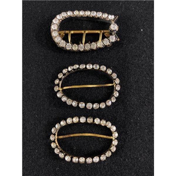 Antique 1920's Rhinestone Buckle and 2 Scarf/ Sash Clips