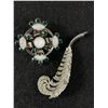 Image 1 : Beautiful Vintage Milk Glass and Green Glass Brooch with a Rhinestone Feather Brooch,