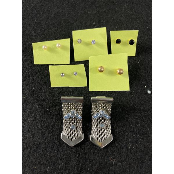 5 Small Pairs of Earrings and 2 Vintage Dress Clips