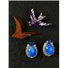 Image 1 : Nice Mid Century Pair of Blue Marble Earrings and 2 Bird Brooches One Marked Denmakr