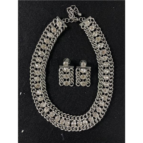 Nice Vintage 1950's -60's Rhinestone and Silver Tone Necklace and Earrings Set