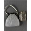 Image 1 : Vintage HL USA Silver Clasp Bag with Handle and a Silver Mesh Coin Purse. Some Stains Inside