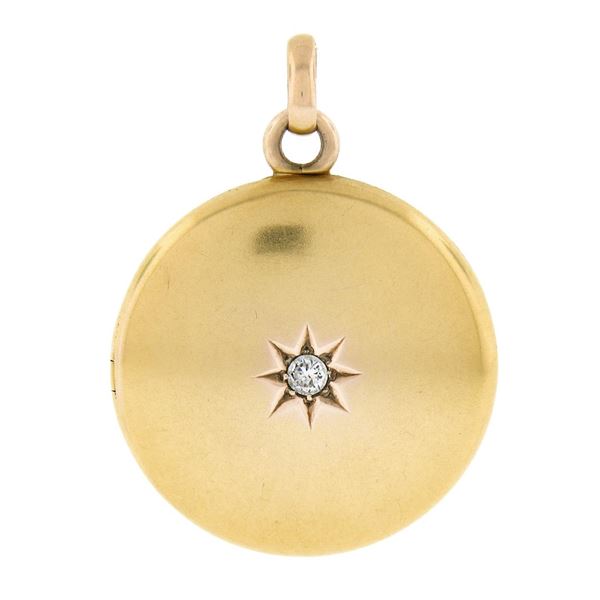 Antique 14k Yellow Gold Old Cut Star Pave Diamond Polished Round Locket Pendant