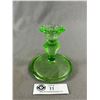 Image 2 : Vintage Uranium Glass Candle Holder w/ Etched Leaves Design. Approx. 4" H w/ 4" Diam Base