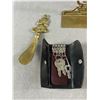 Image 2 : Vintage Colletibles - Carved and Signed Wood Shoe, Brass Bookend, Shoehorn, Bakelite Rhythm Bones, B